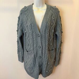 NWT Dex Clothing Women’s Grey Knit Pom Pom Button Front Long Cardigan Sweater S